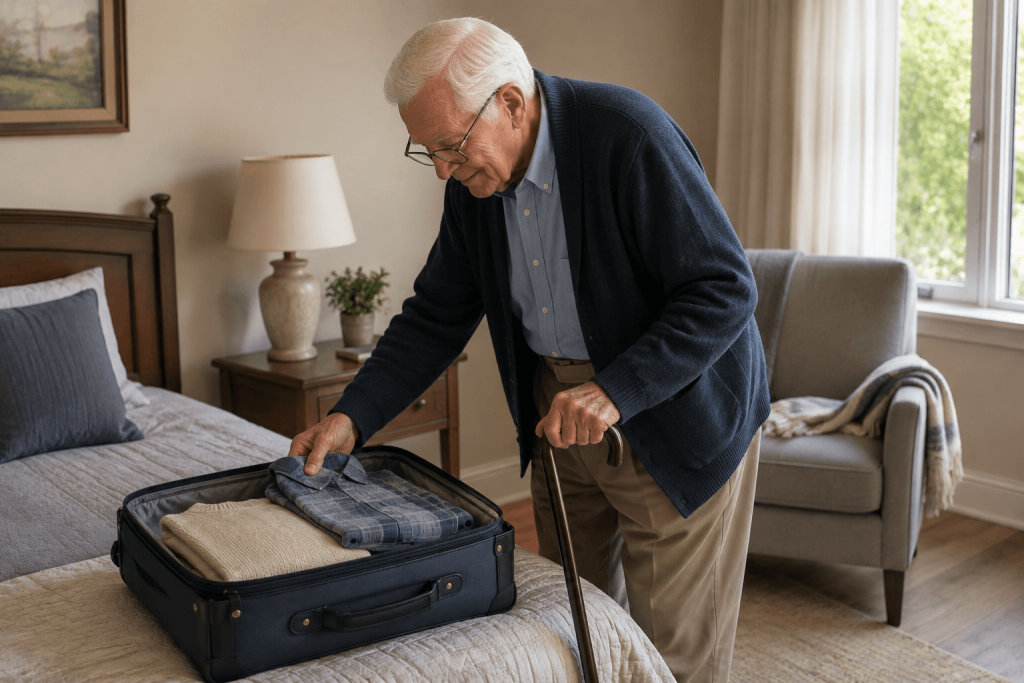 Elderly man with a walking cane unpacking a small suitcase in a furnished short-term care suite