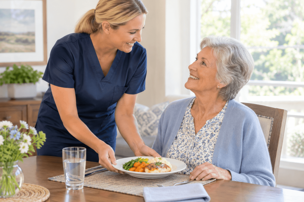 Female caregiver in scrubs serving a home-cooked meal to a smiling senior resident in a bright dining room