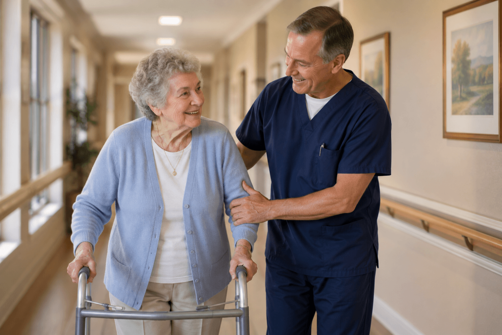 Older woman recovering from surgery using a walker with a nurse steadying her along a hallway handrail