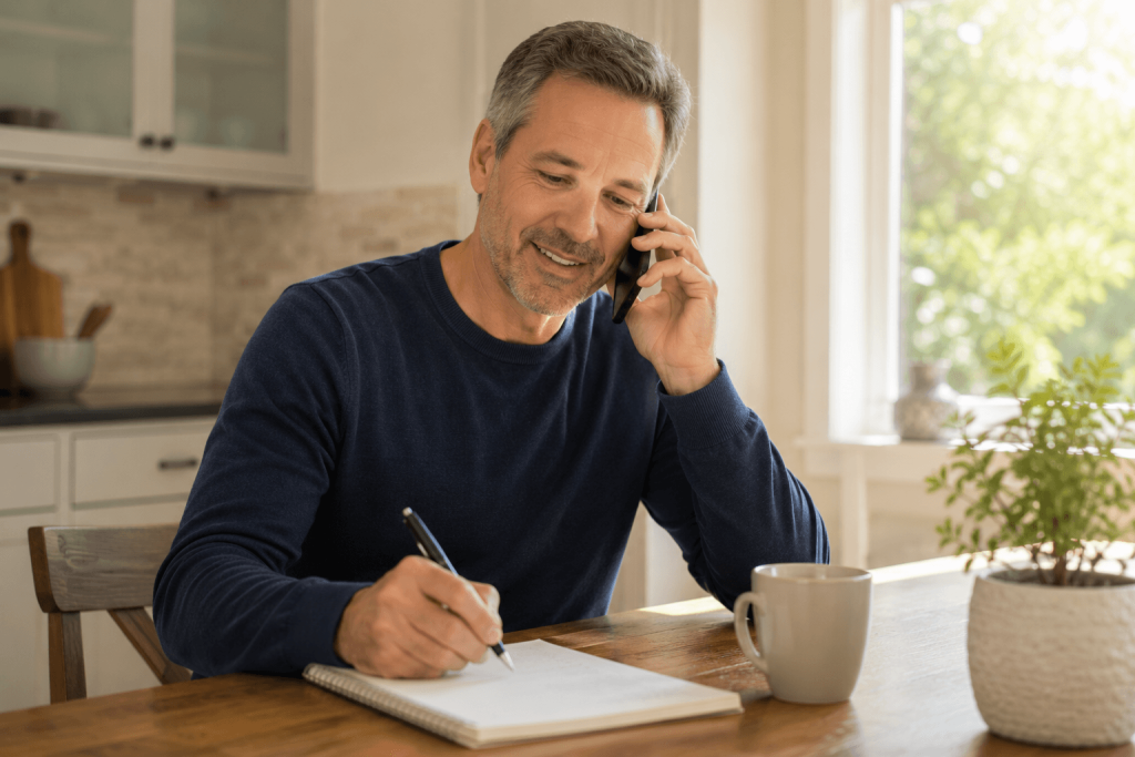 Middle-aged man on a phone call at his kitchen table checking respite care availability on a notepad