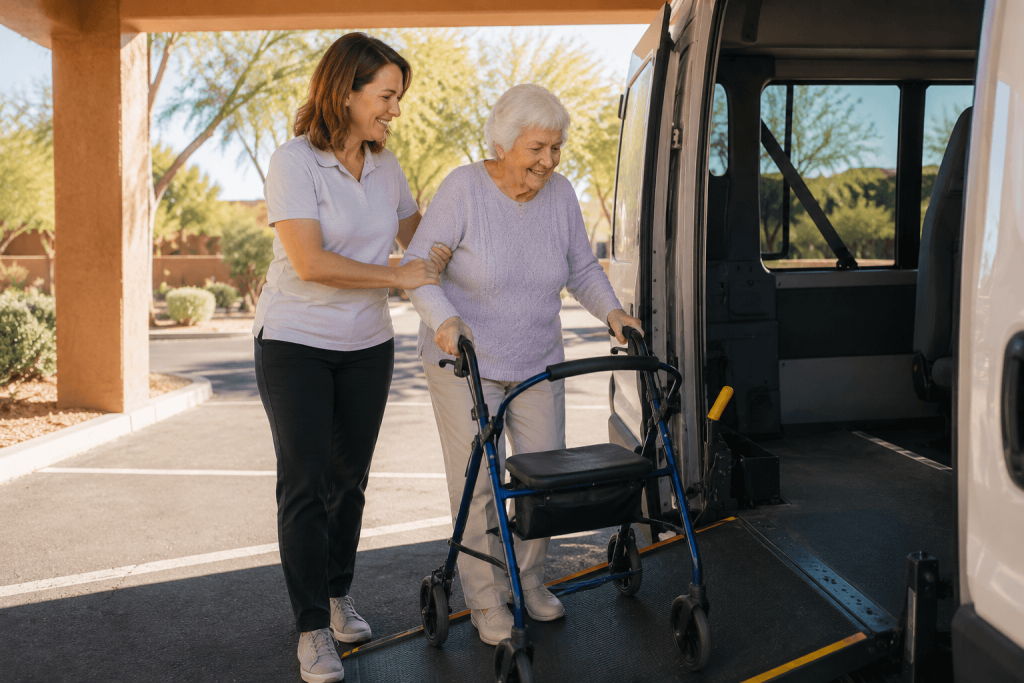 Senior man boarding a senior living shuttle van for a scheduled trip in Phoenix, AZ