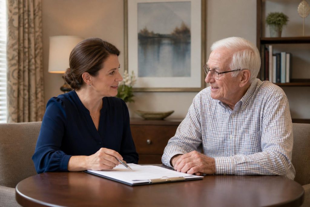 Staff member reviewing a personalized wellness plan with a senior resident at Hawthorn Court