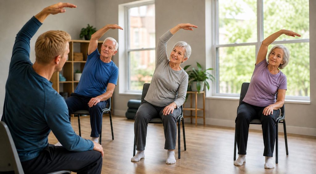 Seniors participating in a chair yoga fitness class as part of wellness programs in Phoenix, AZ