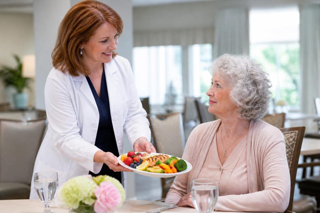 Dietitian discussing a healthy meal plan with a senior resident in the community dining room