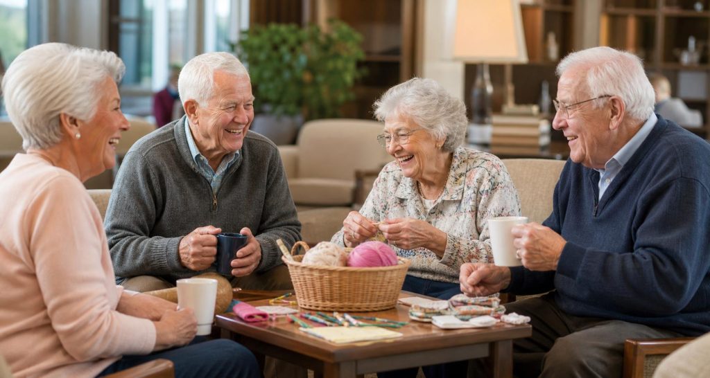 Senior residents enjoying a social hobby club gathering at Hawthorn Court Senior Living