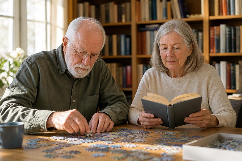 Seniors enjoying puzzles and a book club in a quiet library area supporting mental stimulation