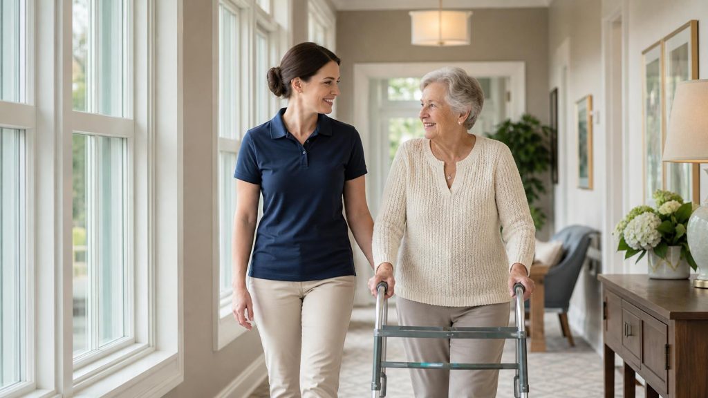 Caregiver assisting a senior resident at a Phoenix, AZ community with full-service wellness programs